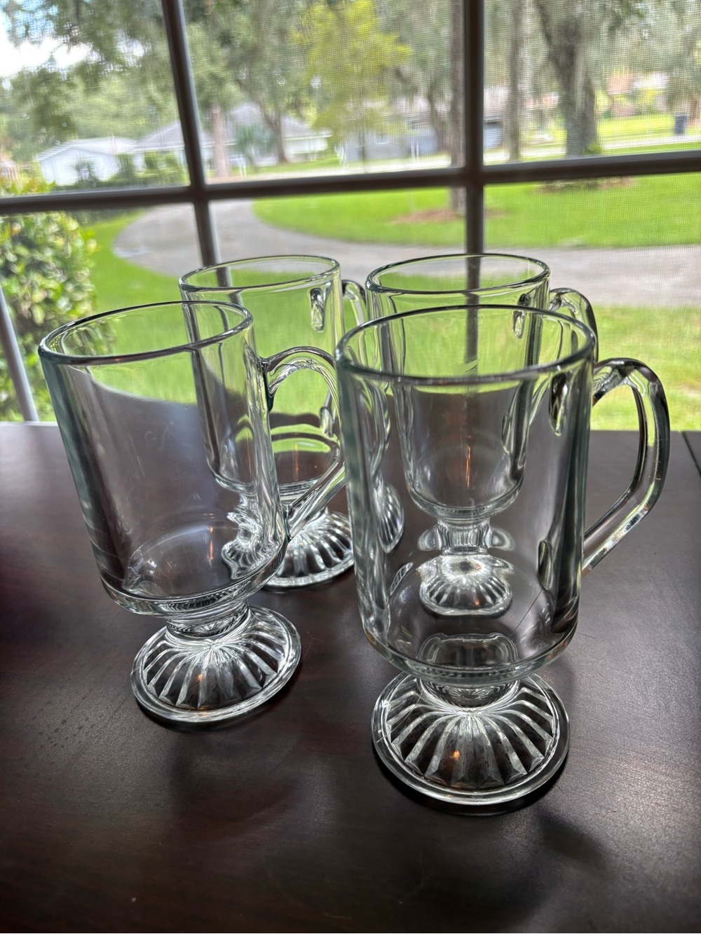 Set of 4 Clear Glass Footed Mugs with Handles